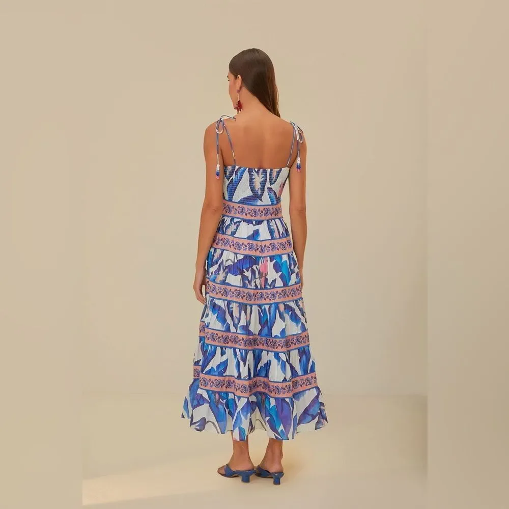 FARM Rio Off White Blue Foliage Midi Dress Size XS - Picture 4 of 16